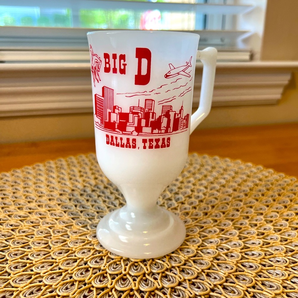 Vintage Milk Glass Pedestal Mug Big D Dallas, Texas